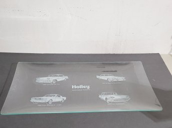 Vintage Holley Performance Product Oblong Glass Tray Featuring Four Vintage Cars