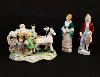 Vintage Hand Painted 1970s Victorian Horse Carriage  &  Musical Couple Porcelain Figurines - Japan