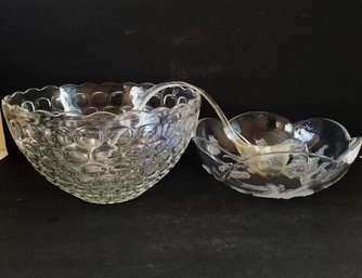 Vintage Mikasa Crystal Embossed Glass Frosted Poppies Fruit Bowl & Colonial Federal Glass Punch Bowl