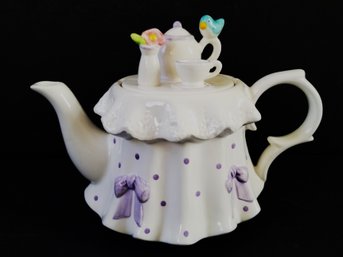 Whimsical White & Puple Polka Dot Vintage Teleflora 'the Tea Party' Teapot