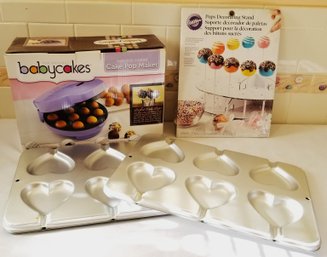 Babycakes Cake Pop Maker With Wilton Pops Stand & Heart Shaped Pans - With Box