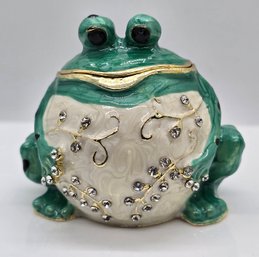 Green Enameled And Crystal Frog Trinket Box