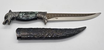 Dark Silver Outdoor Hunting Knife With Stainless Steel Blade & Scabbard Handle With Coyote Head Pommel