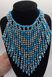 Sparkling Blue Glass Waterfall Necklace And Earrings In Stainless And Silver Tone