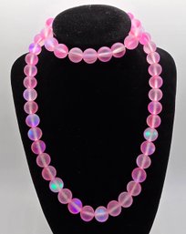 Fuchsia Magic Color Glass Beaded Stretch Bracelet And Necklace In Silvertone