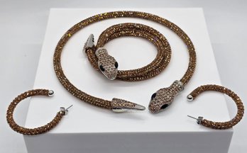 Champagne & Black Austrian Crystal Snake Set Of Necklace, Bracelet & Earrings In Silvertone