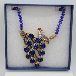 Faux Blue Magic Color Topaz, Blue Austrian Crystal Peacock Necklace In Goldtone