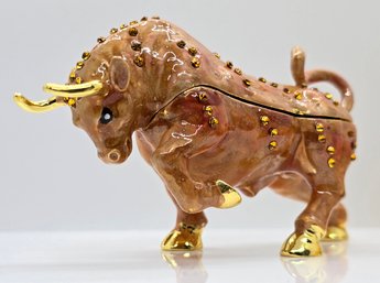 Awesome Crystal & Enameled Bull Trinket Box In Goldtone