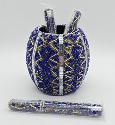 Set Of Three Beaded Pens And Matching Pen Pot