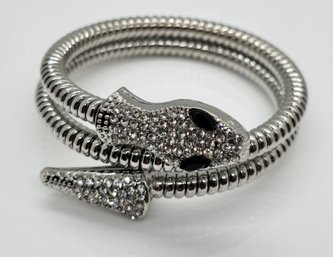 White Austrian Crystal Snake Link Chain Bracelet In Silvertone