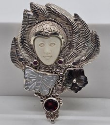 Sajen Silver, Multi-Gemstone, Carved Bone Pendant Or Brooch In Sterling