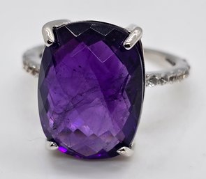 Amethyst, White Topaz, Rhodium Over Sterling Ring