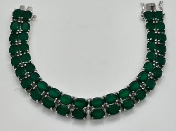 Green Onyx Double Row Tennis Bracelet In Platinum Over Sterling