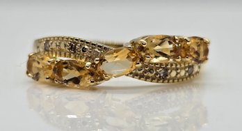 Yellow Citrine, Champagne Diamond, 18K Yellow Gold Over Sterling Ring