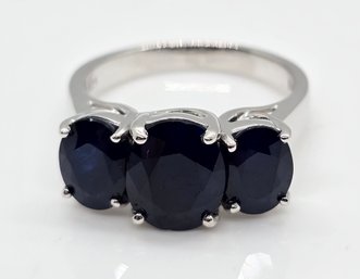 Blue Sapphire, Rhodium Over Sterling Three Stone Ring