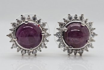 Indian Star Ruby, White Zircon Starburst Earrings In Rhodium Over Sterling