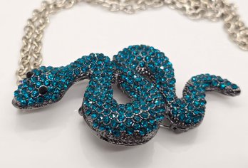 Blue And Black Austrian Crystal Snake Brooch Or Pendant With Necklace In Silvertone