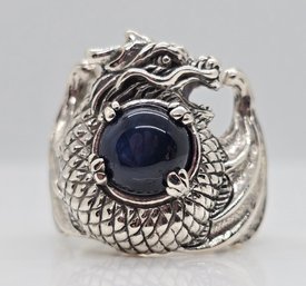 Blue Star Sapphire Dragon Ring In Sterling Silver