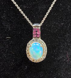 Premium Ethiopian Wello Opal, Ruby, Zircon Pendant Necklace In Platinum Over Sterling