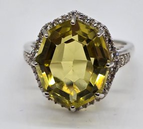 Brazilian Green Gold Quartz, White Zircon Ring In Platinum Over Sterling