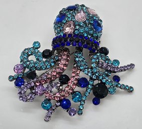 Multicolor Austrian Crystal Octopus Brooch Or Pendant In Silvertone