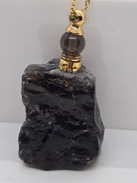 Smoky Quartz Perfume Bottle Pendant With Plated Yellow Gold Stainless Necklace