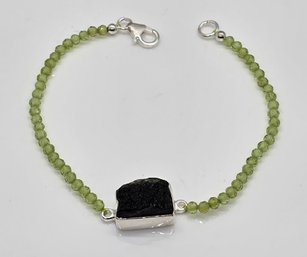 Rough Cut Bohemian Moldavite, Peridot Beaded Bracelet In Sterling