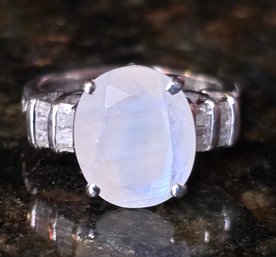 Moonstone And Diamond Ring In Rhodium Over Sterling