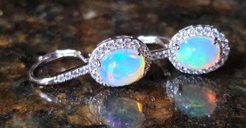 Ethiopian Welo Opal, White Zircon, Rhodium Over Sterling Earrings