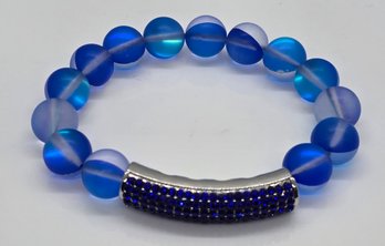 Blue Aurora Borealis Glass, Crystal Stretch Bracelet In Silvertone