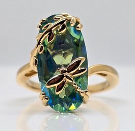 Premium Peacock Quartz Dragonfly Ring In Yellow Gold Over Sterling