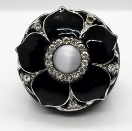 Black Resin Or Acrylic Flower Ring In Silvertone With Crystals