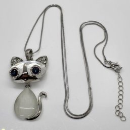 White Glass, Multi-Gemstone Kitten Charm Pendant Necklace