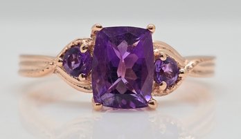 Amethyst 3 Stone Ring In Rose Gold Over Sterling