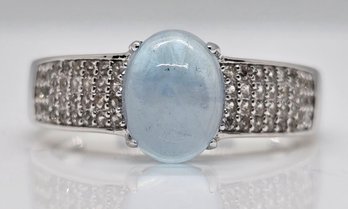 Blue Aquamarine, White Zircon, Rhodium Over Sterling Ring