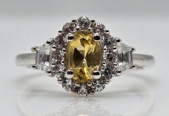 Brazilian Sunfire Beryl, White Zircon Ring In Platinum Over Sterling