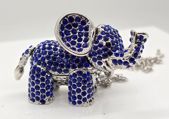 Blue & Black Austrian Crystal Elephant Pendant Necklace In Silvertone