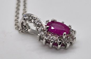 Premium Red Ruby, White Zircon Pendant Necklace In Platinum Over Sterling