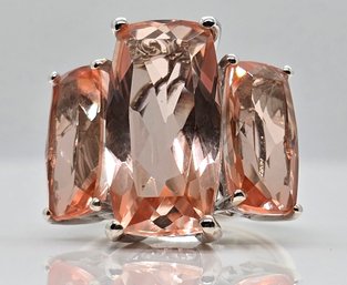 Morganite Quartz 3 Stone Ring In Rhodium Over Sterling