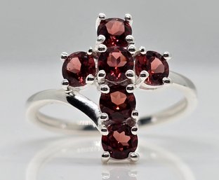 Red Garnet Cross Ring In Sterling Silver