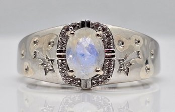 Moonstone, White Zircon Celestial Men's Ring In Rhodium Over Sterling