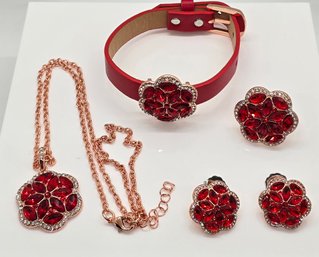 Red & White Crystal, Faux Leather Bracelet, Earrings, Ring & Pendant Necklace Set In Rosetone