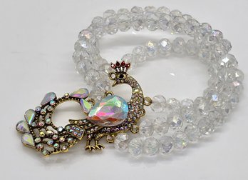 White Aurora Borealis Glass, Multicolor Austrian Crystal Stretch Beaded Peacock Bracelet