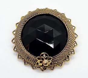 Vintage Black Glass Brooch In Gold Tone