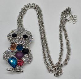 Multicolor Austrian Crystal And Glass Owl Brooch Or Pendant Necklace