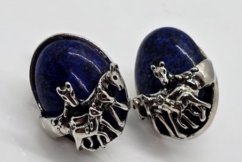 Lapis Giraffe Earrings Silvertone