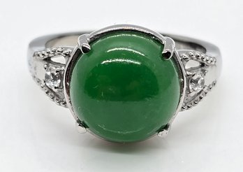 Green Jade, White Zircon Ring In Stainless Steel