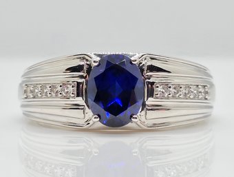 Blue Sapphire, White Zircon, Rhodium Over Sterling Men's Ring