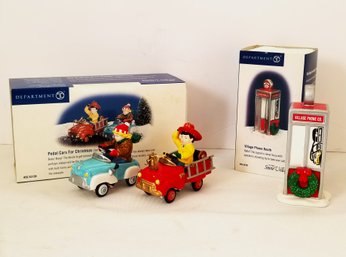 Department 56 Snow Village Pedal Cars For Christmas & Village Phone Booth Figurines - With Boxes (lot B)