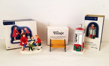 Dept. 56 Snow Village Series Park Bench, Village Phone Booth & Blue Ribbon Treats Figurines W/boxes (lot D)